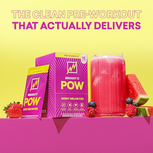 Image of EBOOST POW Natural Pre Workout Powder - 15 Packets, Berry Melon Fizz - Preworkout Energy Booster Gym Supplement Drink Mix for Men and Women - Performance, Joint Mobility Support - Gluten-Free