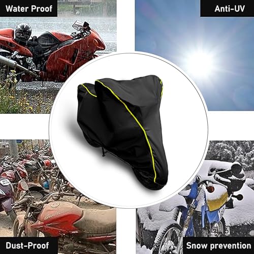 Image of Waterproof Bike Cover Compatible with Royal Enfield Meteor 350 Cover with All Weather Protection and Triple Stitch, Heavy Buckle with Storage Bage & Black with Yellow Piping