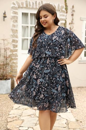 Keluummi Plus Size Summer Wedding Guest Dress for Curvy Women, Casual Boho Floral Empire Waist Midi Flowy Dress with Sleeve2