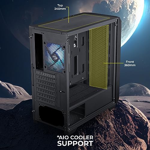 Image of ZEBRONICS VOXEL Mid-Tower Premium Gaming Cabinet, ATX, ARGB Rear Fan, LED Control Switch, Tempered Glass Panel, USB 3.0, 360mm Front or 240mm Top AIO Cooler Support with Top & Bottom Dust Filter