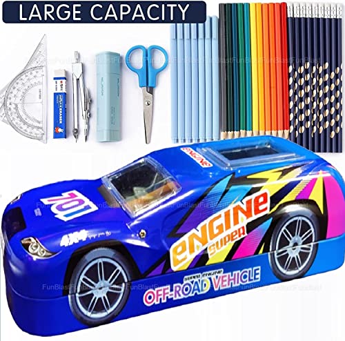 Image of FunBlast Metal Car Pencil Box for Kids - Double Layer Metal Pencil Case for Boys, Pencil Case for Students School Supplies - Stationery Set Organizer Birthday Return Gift (Blue-Car)