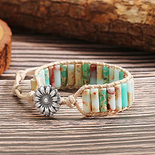 Casfine Chakra Handmade Bracelets With Natural Stone For Women, Tube Crystal Healing Energy Bead Leather Button Adjustable Bracelet Friendship Jewelry #TOP5