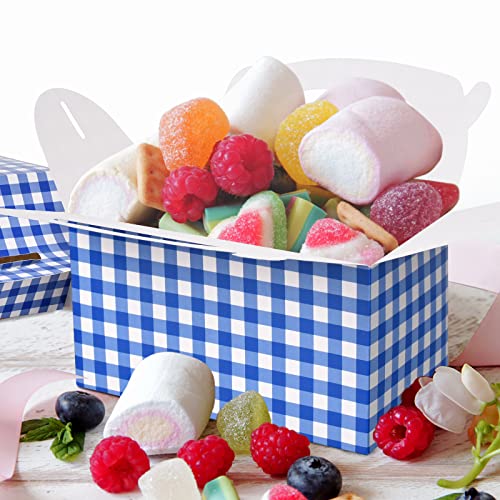 Blue And White Gingham Treat Boxes 24 Pieces Candy Gable Boxes Goodies Boxes Cardboard Present Boxes With Handles For Birthday Party Family Dinner Picnic Barbecue Father's Day Party #TOP3