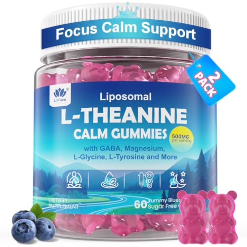 L Theanine Calm Gummies 500mg Sugar-Free Liposomal L-Theanine Supplement w/Safforn Magnesium Glycinate GABA Ashwagandha Algae Omega-3 Vitamin D3 B12 for Brain Calm Relax Mood Zzz 120Cts