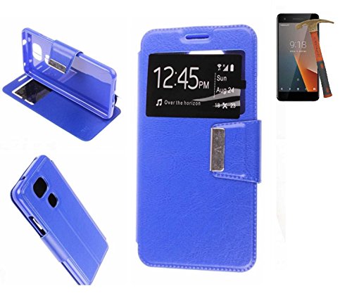 Todobarato24h Funda Libro Ventana Azul Compatible con BQ Aquaris V Plus, VS Plus (5.5) + Protector de Cristal Templado