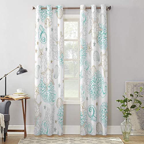 T&H Xhome Draperies & Curtains,Marine Ocean Sea Turtle Coral Shell Starfish Window Curtain, 2 Panel Curtains For Sliding Glass Door Bedroom Living Room 80" W By 84" L #TOP3