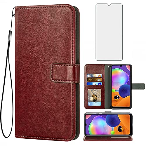 Étui portefeuille Samsung A31 en cuir marron avec protection d'écran en verre