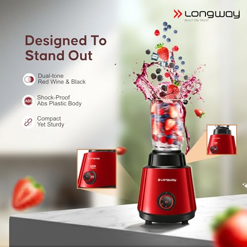 Image of Longway Super Pro Mixer Grinder with Kwid 1100W Dry Iron | Up to 700 Watt Powerful Motor | 2 Years Warranty (Red Wine & Black, 3 Jars Combo)