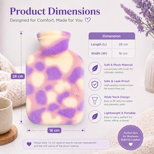Image of Hot Water Bag with Soft Plush Cover 1000ml Medical Grade Silicone Hot Water Bottle for Period Cramps, Back Pain Relief, Hot & Cold Therapy, Muscle Aches & Full Body Relaxation Heating Pad (Lavender)
