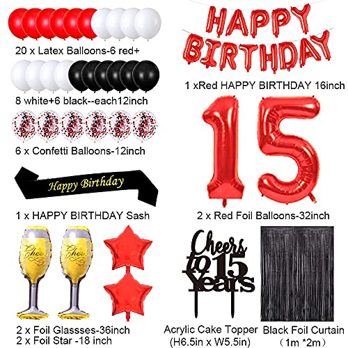 Santonila Red 15Th Birthday Decorations Happy Birthday Banner Sash Cheers To 15 Years Cake Topper Number 15 Confetti Latex Balloons Black Tinsel Foil Fringe Curtains For Girls Women 15 Years Old Birthday Party #TOP1