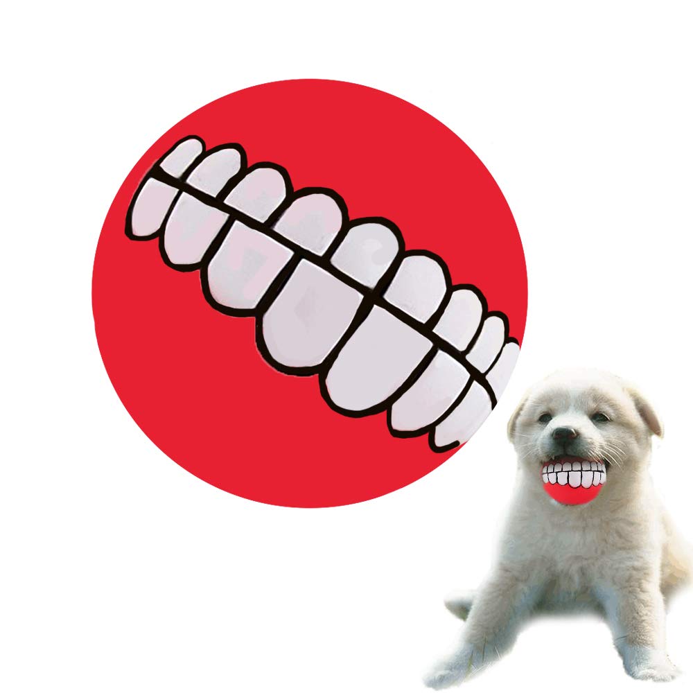 Dogs Training Balls Toys, MUMAX Funny Pet Dogs Squeaky Sound Teeth Pattern Smile Chewing Throw Ball Training Toys (Red)
