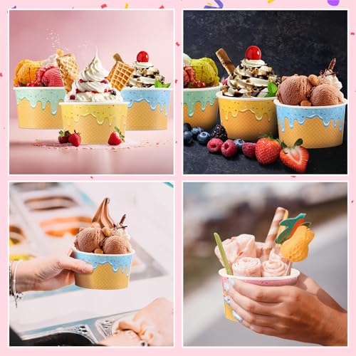 Image of 200 Pcs 8 oz Ice Cream Cups Paper Disposable Dessert Bowls Paper Ice Cream Sundae Bowls Bulk Dessert Cups Yogurt Snack Soup Containers for Cold or Hot Food Summer Birthday Party Supplies