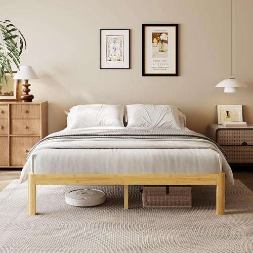 Image of 12 Inch Full Wood Platform Bed,Mid-Century Wood Bed Frame Twin XL Size, No Box Spring Needed, Natural Finish, Easy Assembly