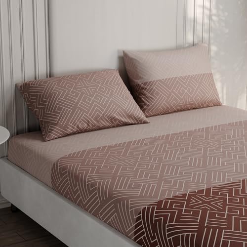 Image of BLISSHOME Everlast 150TC King Size Fitted Bedsheet with 2 Pillow Covers, Aesthetic Bedding, Wrinkle Resistant, 100+ Wash Durable, Quick Dry, Geometric Pattern - Brown (183cm x 198cm + 25cm Drop)