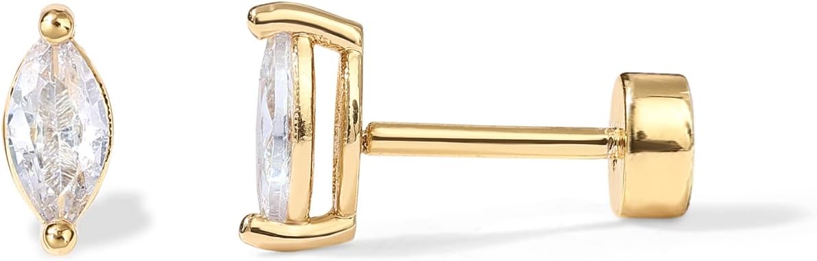 Pendientes de tuerca con parte trasera plana para mujer, circonita cúbica multiforma chapada en oro de 14 quilates