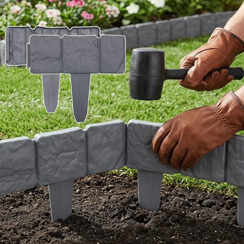 YRHome 10 Stück Steinoptik PP Rasenkante Beeteinfassung Rasenkante 1 Element LxH: 25x23 cm Flexible Modulares Stecksystem Für geschwungene Beete und Wege(2.5m Anthrazit)