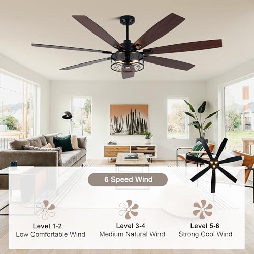 Image of 72 Inch Ceiling Fan with Lights Farmhouse Ceiling Fan with Lights | Black Caged Fandelier Rustic Industrial Chandelier for Living Room Indoor Covered Outdoor, 7 Dual Blades Reversible 6 Speeds
