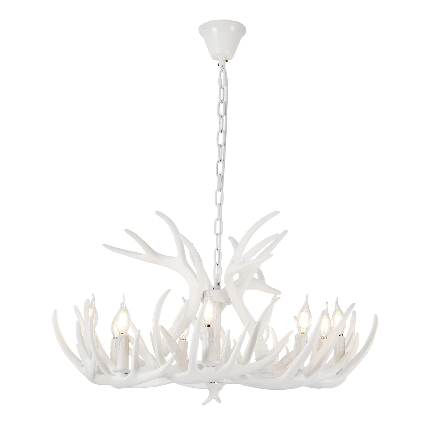 Large White Antler Chandelier – Rustic 12-Light Deer Horn Pendant, Antique White Farmhouse Fixture With Crystal Accents, Faux Antler Hanging Ceiling Light