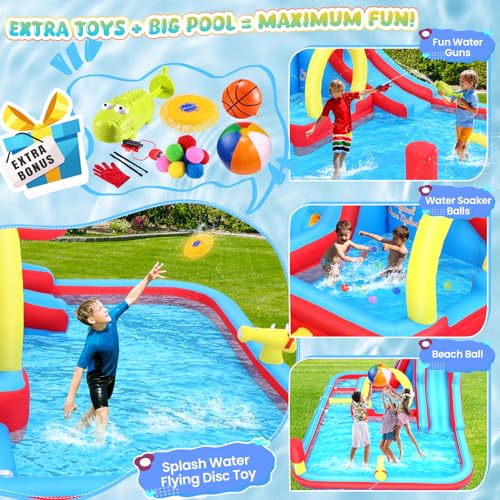 Whubefy Big Inflatable Water Slide for Kids Backyar 13.2x10FT Waterslide Bounce House Obstacle Course, 3 Pool Fountain, Splash Pool, Deep Pool Sprinkler, Blow Up Water Slides Park for Kids Party Gift