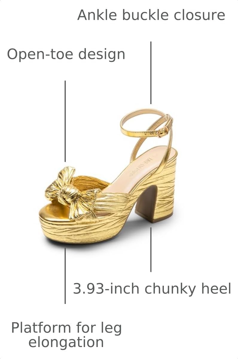 DREAM PAIRS Women's Chunky Platform Heels Sandals Pleated Bow Knot Ankle Buckle Strap Heeled Sandals Open Toe Comfortable Wedding Party Dress Shoes image 3