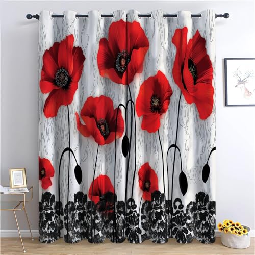 Red Energy Saving Curtains, Plant Flower Poppy Printed Curtains for Living Room Bedroom, Drapes Panel Eyelet Window Treatment, 46" W x 54" L Blackout Curtains Set of 2