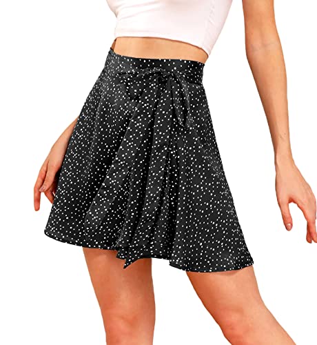 Mingnos Women's Summer Adjustable Wrap Lace-Up Belt High Waisted Satin Silky Mini Short Skirt (Dots-Black, L) #TOP3