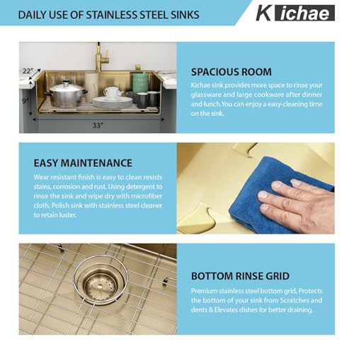 Image of 33 Gold Drop In Kitchen Sink - Kichae 33x22 Gold Brushed Stainless Steel Drop Sink 16 Gauge Ledge Workstation Single Bowl Topmount Overmount Handmade Basin with Cutting Board