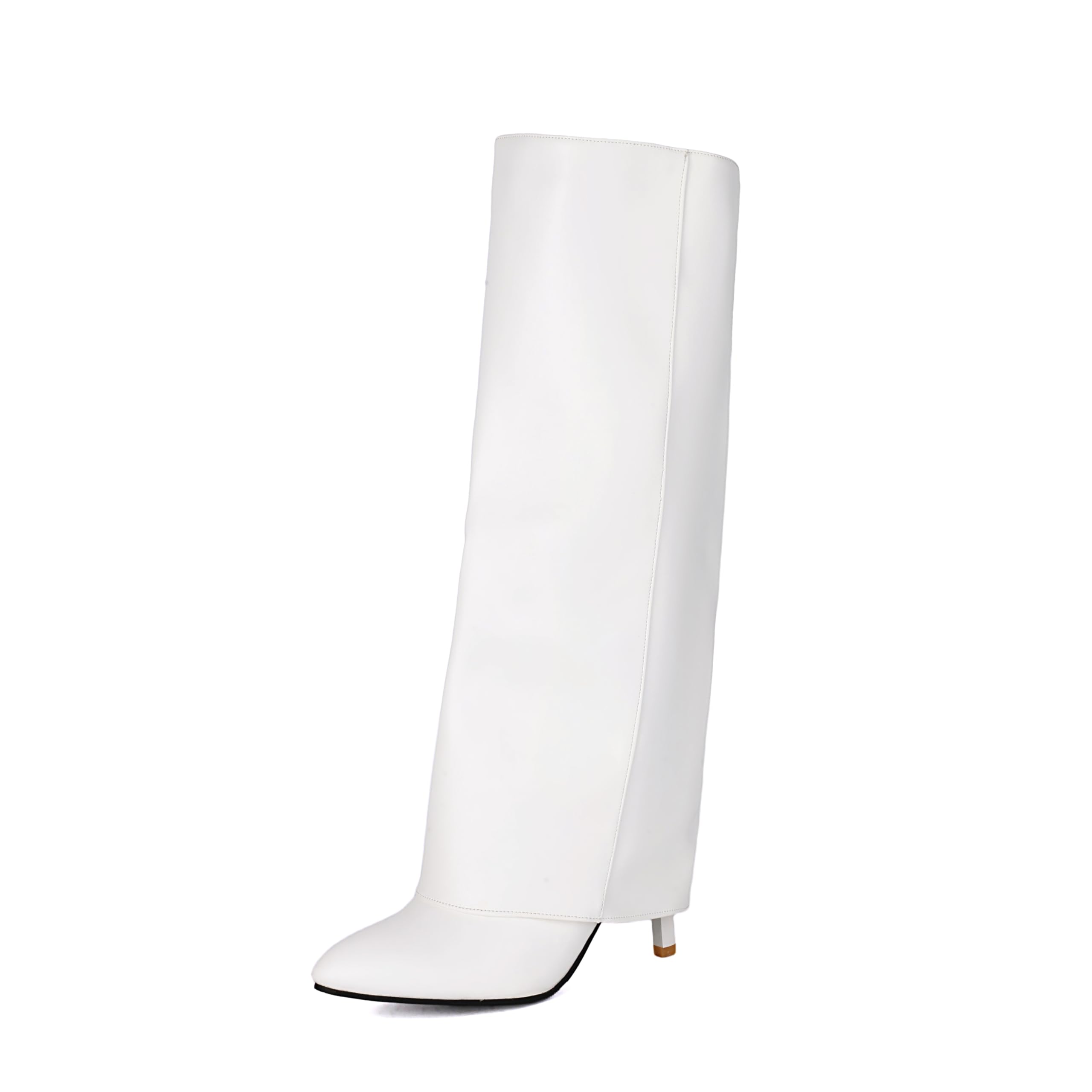 Fold Over Boots For Women Slouchy Pull On Knee High Boots Side Zipper Pointed Toe Stiletto Heel Boot