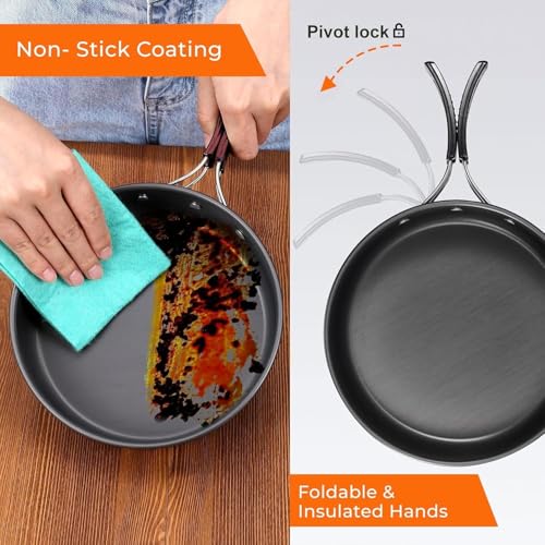 Image of Camping Cookware Set, 11 Pcs Mess Kit, Non-Stick Pot, Pan and Kettle, Foldable Handles, Lightweight, for Camping, Hiking, Travel and Festivals,Multicolour,Pack of 1