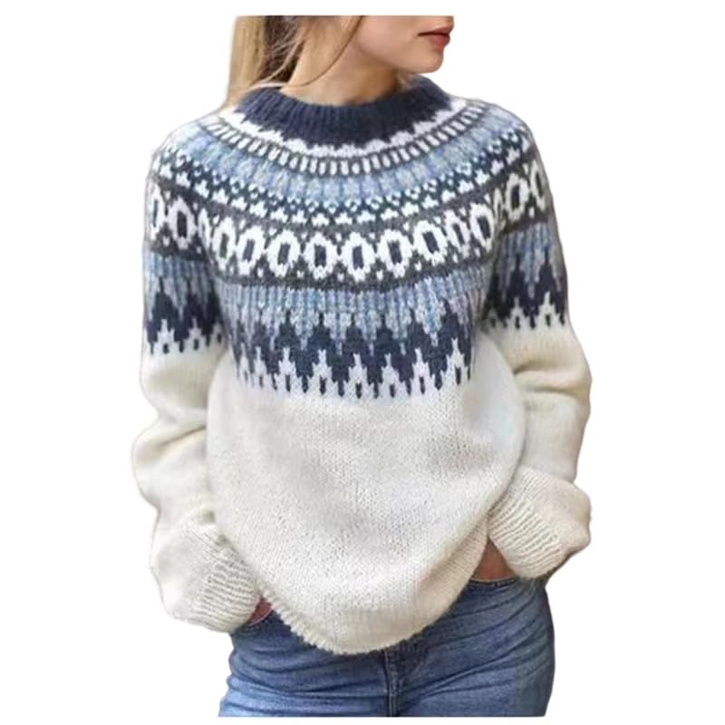 Womens Vintage Fair Isle Sweaters Crew Neck Long Sleeve Colorful Pullover Sweater Fall Ribbed Knit Jumper