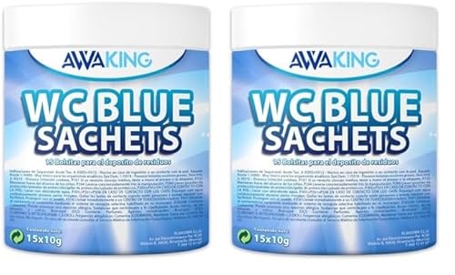 AWAKING Pastilles WC Chimique Pour Camping-Car 15 Blue Sachets | Nettoyage en profondeur et désodorise. Formule concentrée et arôme frais, réservoir d'eau noire, caravane, camping-car (Lot de 2)
