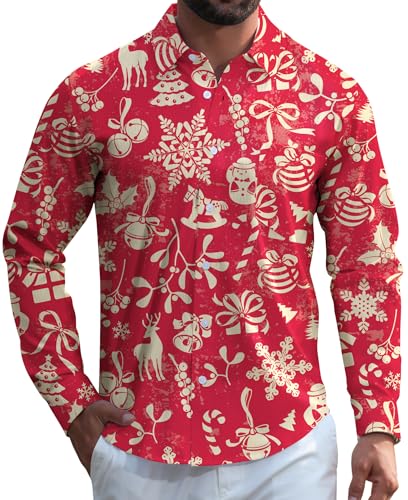 ELETOP Mens Christmas Shirts Long Sleeve Xmas Printed Funny Funky Dress Shirt Santa Festive Party Casual Button Down Shirts for Men