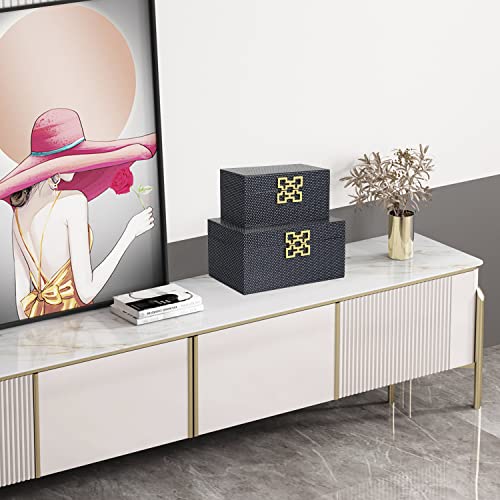 Zikoul Navy Blue Decorative Box Set Of 2,Decorative Storage Boxes With Lids For Home Decor,Modern Faux Sparkle Glitter Leather Treasure Box Dresser Top Organizer Large Jewelry Box #TOP6