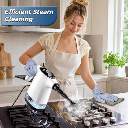 Image of Handheld Steam Cleaner, Portable Steamer for Cleaning with 18PCS Accessories, 12s Fast Heating, Pressurized Steam Cleaner for Home, Kitchen, Bathroom, Car Detailing, Window, and Clothes, White
