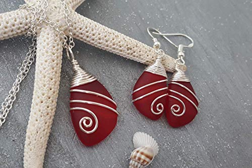 YInahawaii HandmadeTop Wire Wrapped Ruby Red \"July Birthstone\" sea glass Necklace+Earrings Set, (Hawaii Gift Wrapped, Customizable Gift Message) (Non-Personalized) - Thumbnail 5