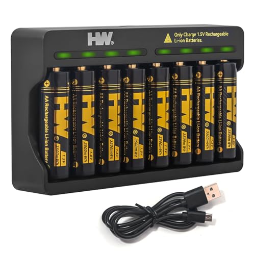 HW Rechargeable AA Batteries with AA/AAA Charger, [1.5V, 8-Pack] 3500mWh Double A Lithium Battery...