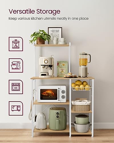 Image of VASAGLE Baker's Rack, Microwave Stand, Kitchen Storage Rack with Wire Basket, 6 Hooks, and Shelves, for Spices, Pots, and Pans, Golden Oak and Cloud White UKKS035W09