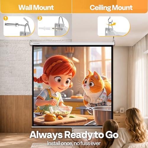 Image of VIVOHOME 120 Inch 1:1 Pull Down Projector Screen, White | Manual Retractable 4K Projection Screen for Home Theater, Roll Up ALR Movie Screen for Ceiling and Wall Mount