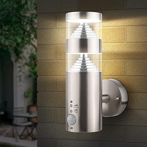 TJCoLUX LED Outdoor Wall Light with PIR Sensor, Stainless Steel Outside Wall Fixture for Garden, Patio, Fence, Porch, Hallway, IP44 Waterproof Cover