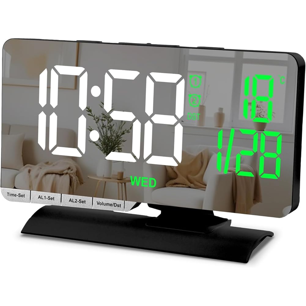 UDSKNV[KSL Bright Display Dual Alarm Brightnee Digital Clock, Alarm Clock Bedside, 7.3" Large LED Mirror with Date& Temperature DST Adjustment