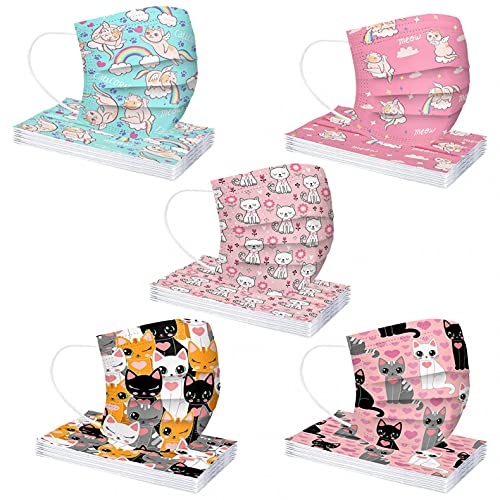50 Stück Mundschutz Kinder Einweg 3-lagig mit Motiv Bunt Mund Nasenschutz Cartoon Druck Tücher Atmungsaktiv Mund-Tuch Bandana Halstuch Schals Cover