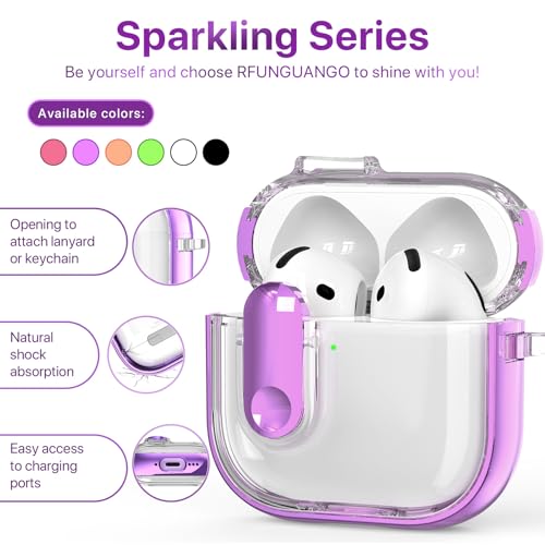 RFUNGUANGO (with Security Lock) Clear Protective Case for Airpods 4th Generation, Soft TPU Clear Airpods 4 Protective Case - with Cleaning Kit/Lanyard, Purple — view 3