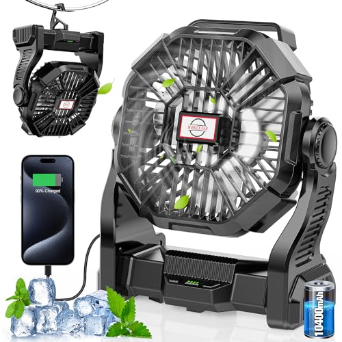 Art In Real 10400mAh Battery Operated Fan, Camping Fan Rechargeable with LED Light & Hooks, Portable Tent Fan Outdoor for Picnic, Barbecue, Fishing, Travel(Black)