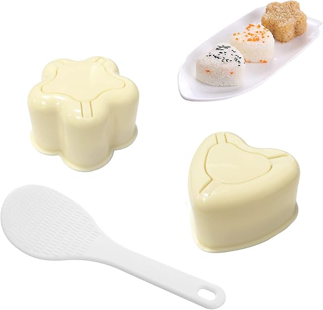 Onigiri Mould, Heart and Flower Shape Sushi Mold with Rice Spoon Rice Ball Maker Mold Three-Piece Set, Non-Stick Rice Ball Bento Presses Mold Nigiri Mould for Kitchen DIY Cooking