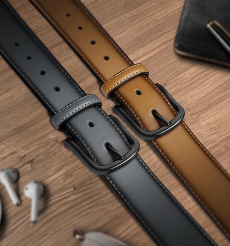 Image of BULLIANT Men Belt 2Pack-Leather Belt 7Holes Comfortable For Men's Dress Casual Jeans 1 3 /8 inch