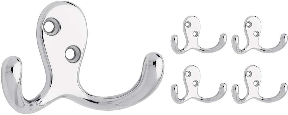 Franklin Brass (5-Pack) Double Wall Hooks 2-Prong Coat/Hat Polished Chrome Hooks for Hanging Wall Mount Hanger Clothes, Purse, Bag, Towel Organization Decorative Wall Hooks FBDPRH5-PC-C