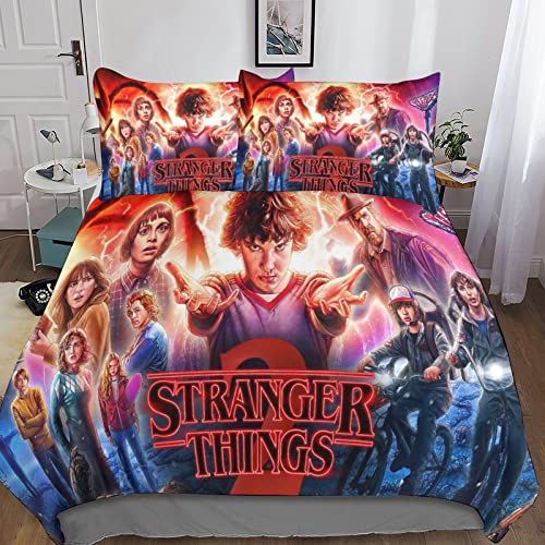 Stranger Things Funda Nórdica Y Funda De Almohada, para Dormitorio Cartel de Personajes Funda De Edredón 3D Cremallera para NiñOs Adolescentes Adulto Microfibra Juego De Cama King(220x240cm)