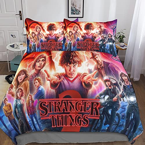 Stranger Things Funda Nórdica Y Funda De Almohada, para Dormitorio Cartel de Personajes Funda De Edredón 3D Cremallera para NiñOs Adolescentes Adulto Microfibra Juego De Cama King（220x240cm）