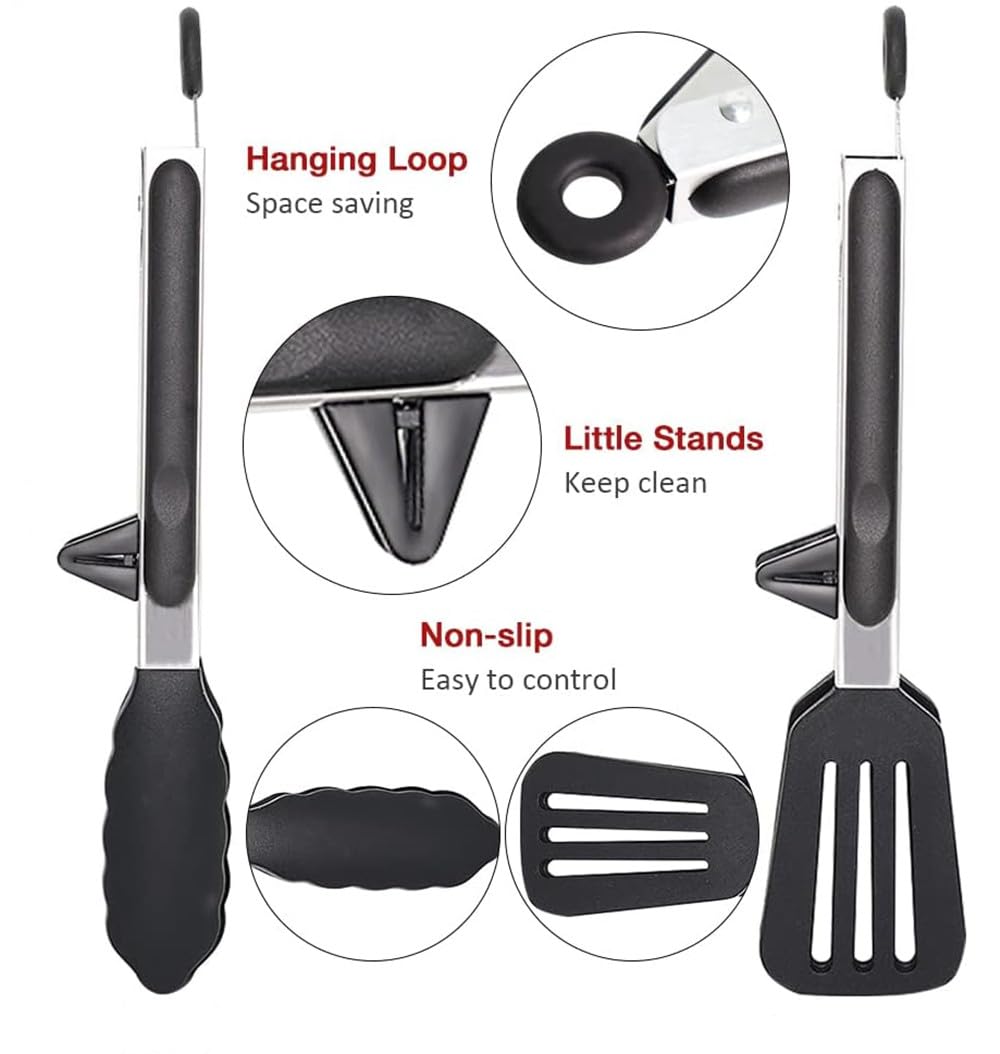 OHAOLYLE Kitchen Tongs 9 Inch Silicone Tongs Non-Slip Cooking Tongs,Suitable for Baking Frying, Serving(Black,2pcs) - Image 3