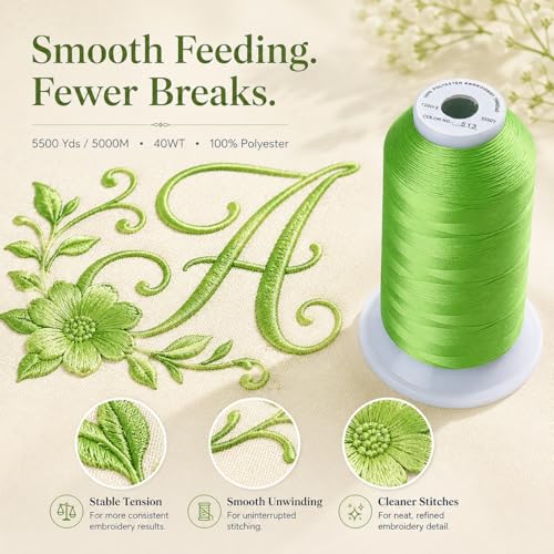 Image of Simthread 5500Yds /5000M 40WT Polyester Embroidery Thread Lime Green 513 | High-yardage 5000M spool offers smooth feeding and stable 40WT polyester thread for home and commercial embroidery machines.